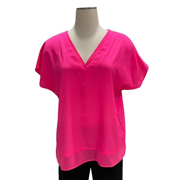DKNY Hot Pink V-Neck Blouse Medium Chic Layered Flowy Comfy Minimalist Feminine - Picture 9 of 9